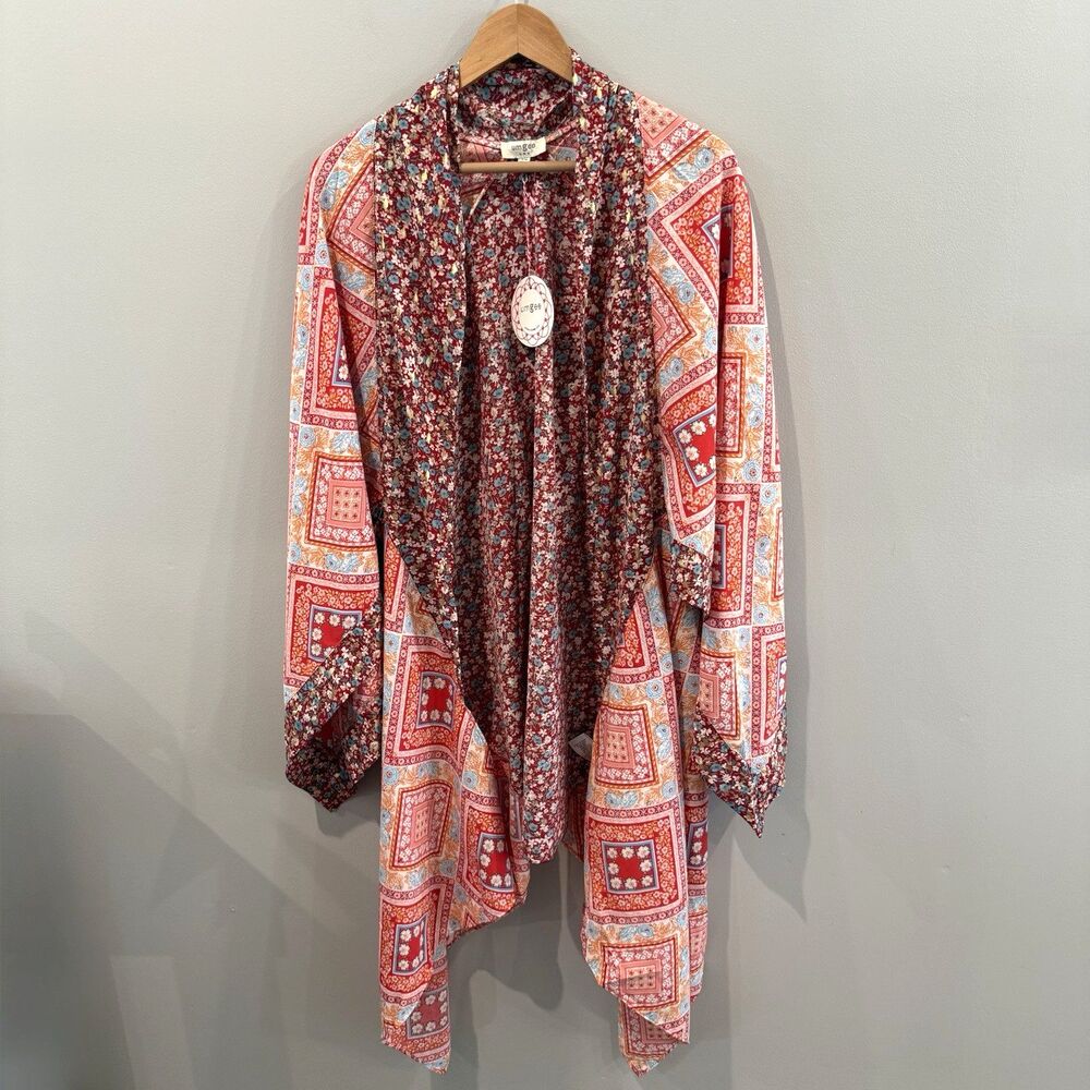 Umgee Kimono Handkerchief Hem Floral Retro Boho Peach Patchwork NWT Flowy S/M